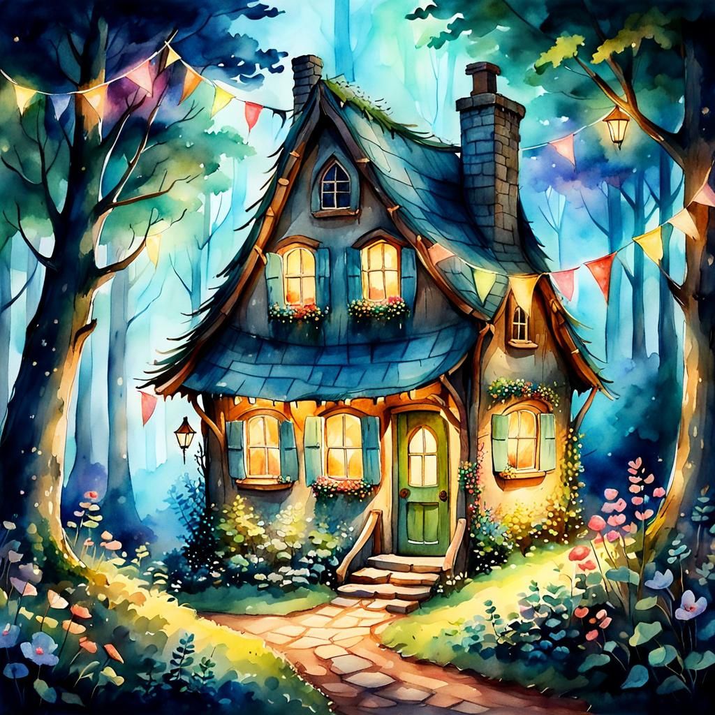 Whimsical Forest House in Watercolor Style