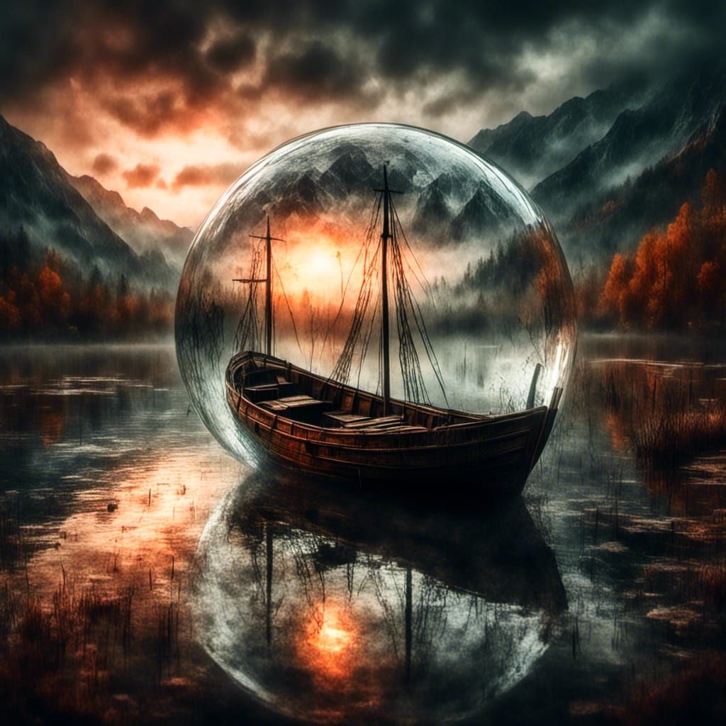 Glass Sphere Encapsulates Fjord Sunset: Watercolor Art