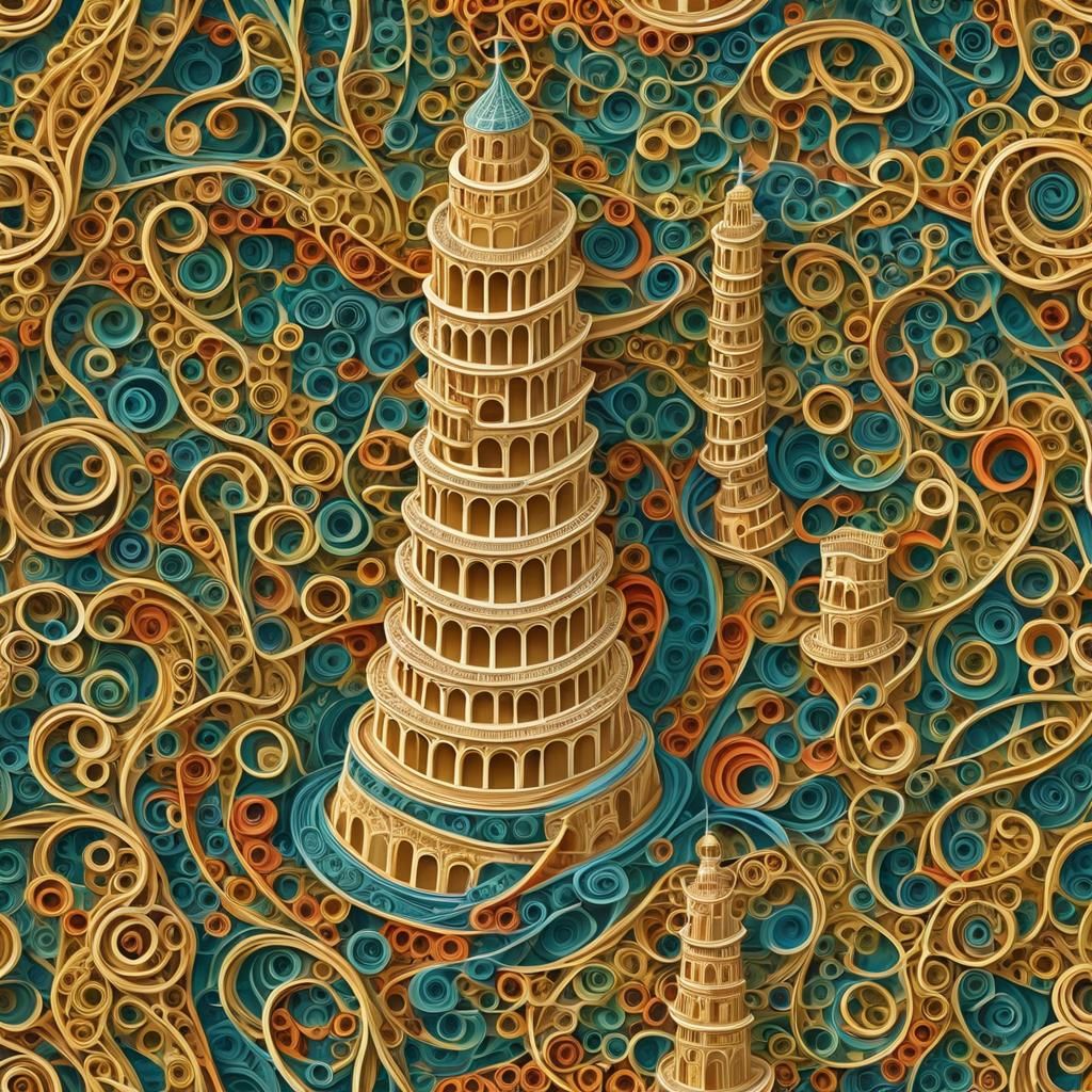 Spaghetti Tower of Pisa in Fractal Landscape
