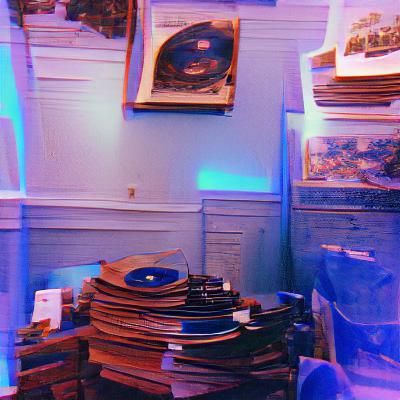 Blue Lit Antique Room with Record Player