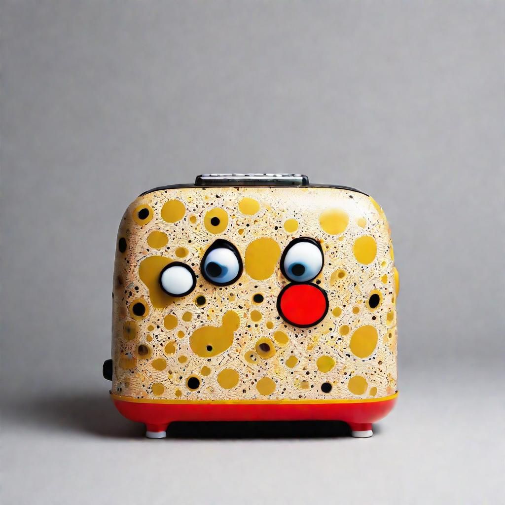 Art by Keith Haring, Yayoi Kusama, whimsical toaster with googly eyes, minimalist kitchen, bold patterns, playful and en...