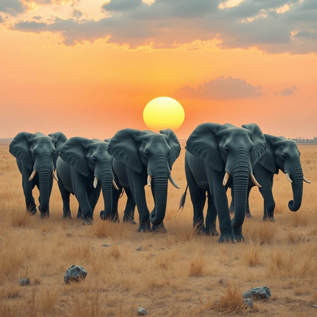 African Elephants at Sunrise in Watercolor Style