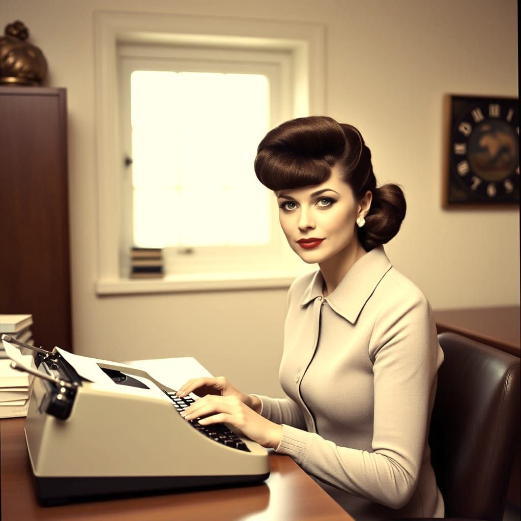 Vintage 1960s Woman at Desk with Typewriter