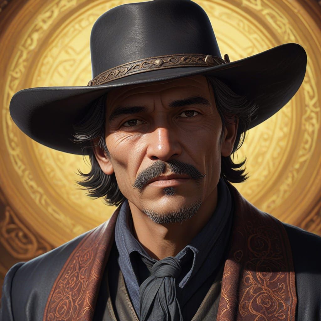 Middle-Aged Mexican American Cowboy Bandit in Worn Regalia