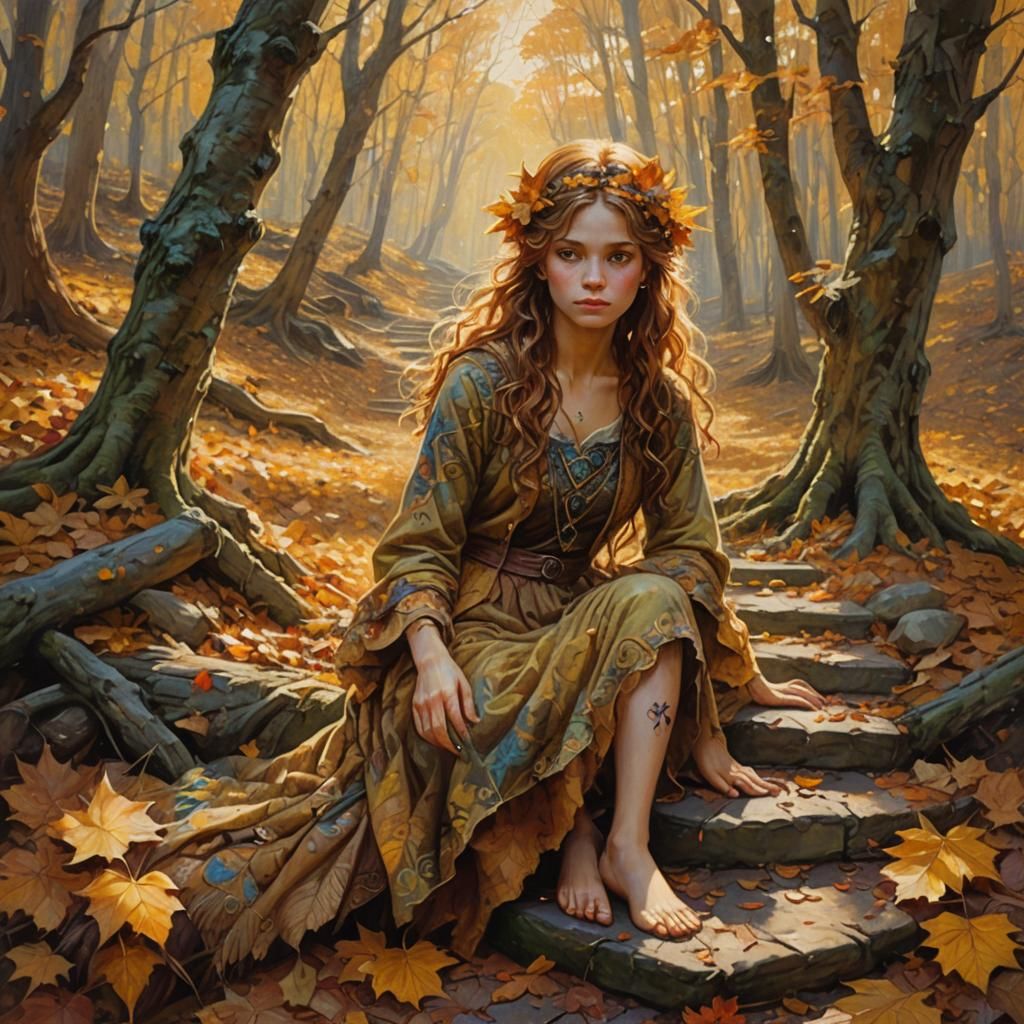Autumn Fae in Sunlit Clearing: Oil Painting