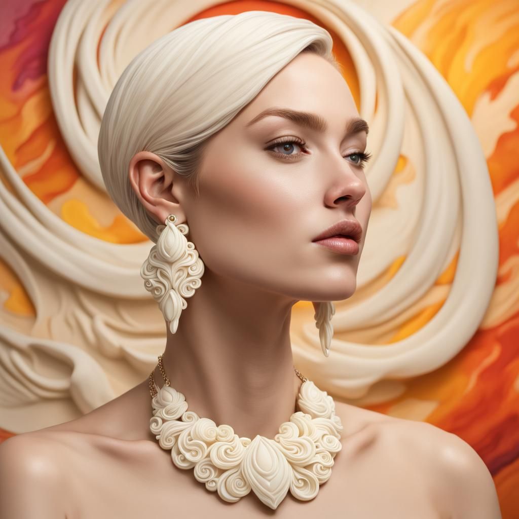 detailed Ivory earring and necklace set, luxurious. ivory, Hyperrealistic, splash art, concept art, mid shot, intricate...