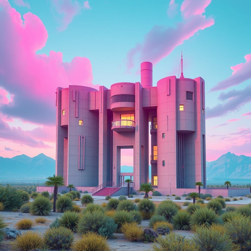 Brutalist Triple Tower in Vaporwave Retrofuture Landscape