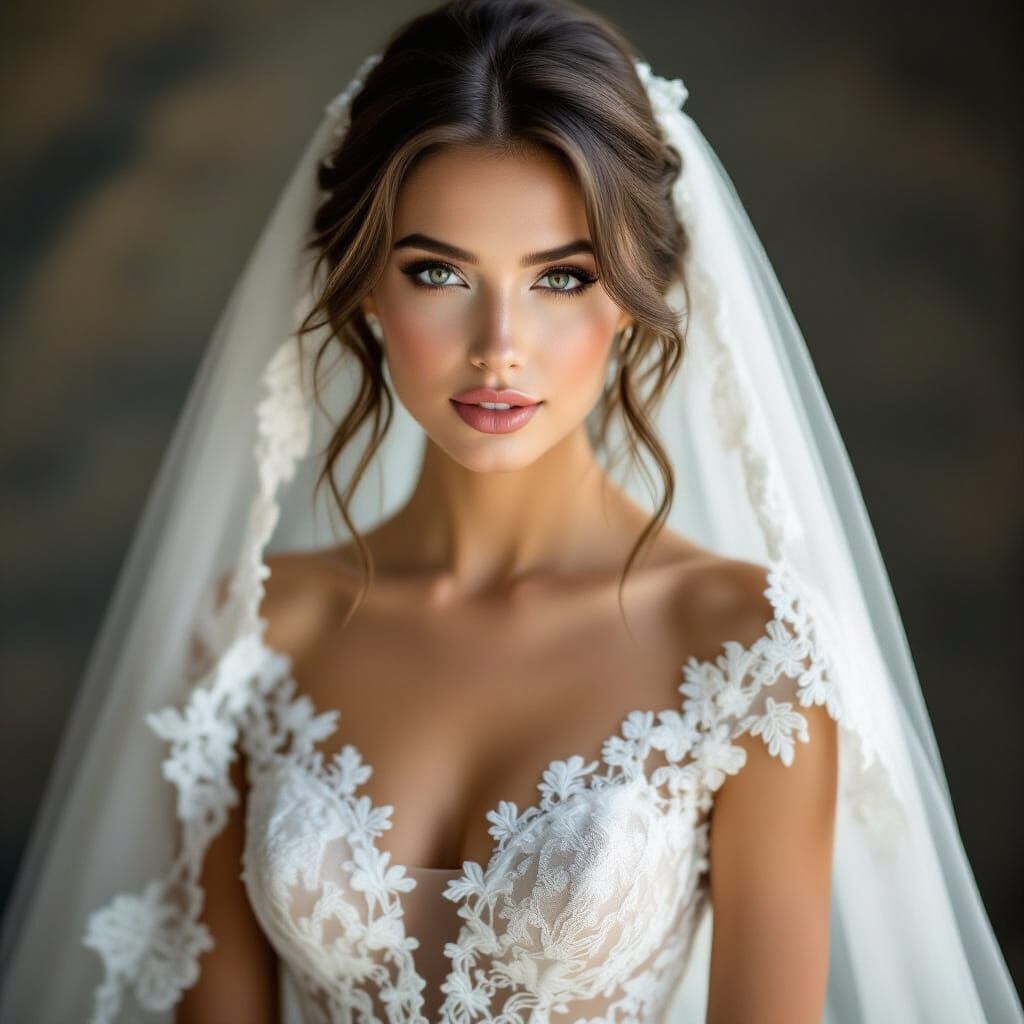 Hyperrealistic Bride in Moody Cinematic Wedding Dress Photo