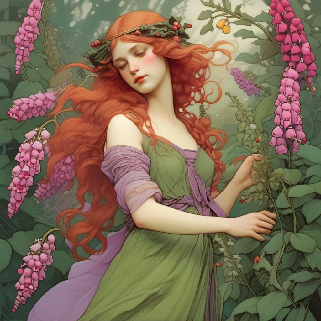 Green Fairy with Flowers in Art Nouveau Style