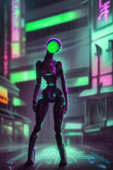 Cyberpunk Robot with Neon Hair, Digital Illustration