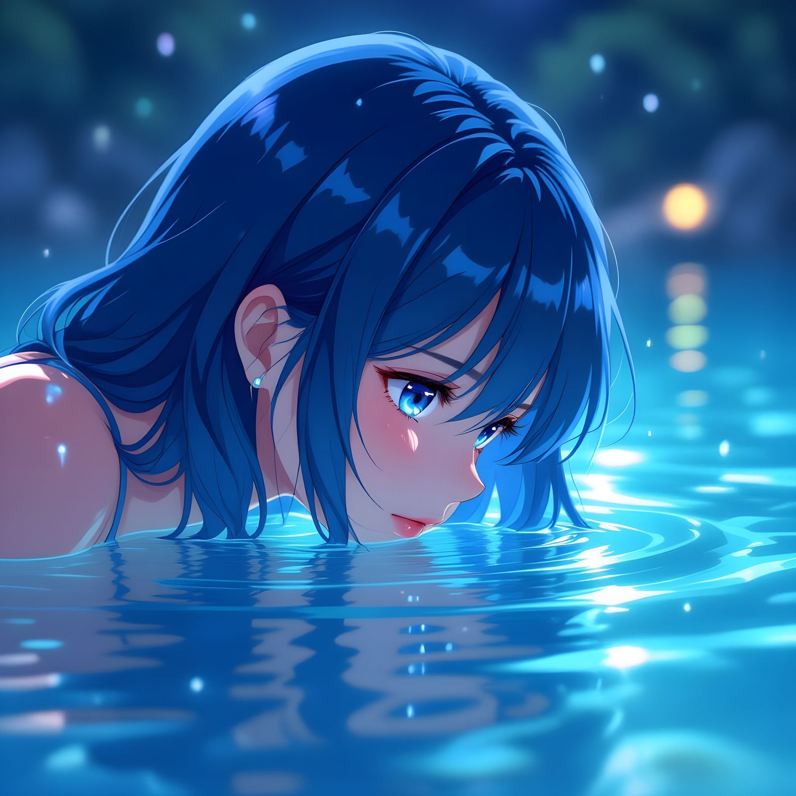Anime Girl with Blue Hair Dips Face in Water