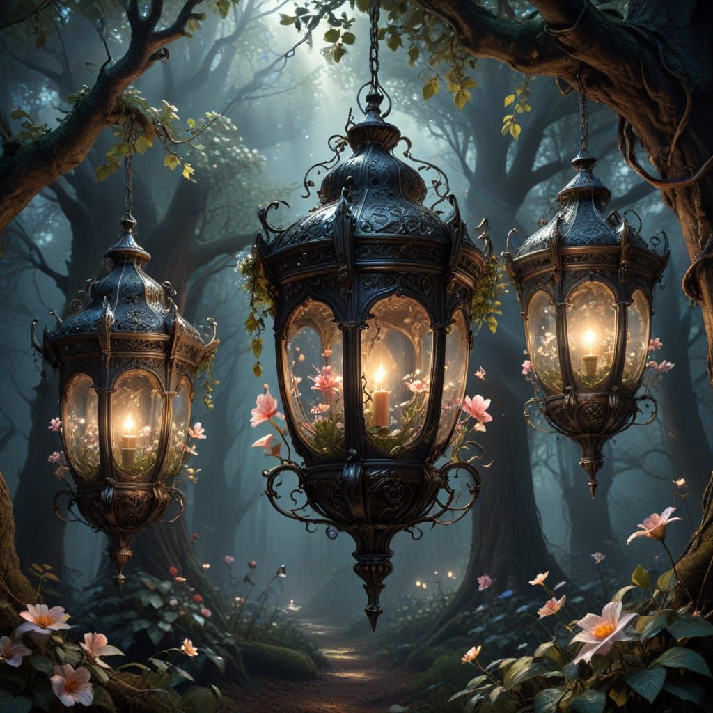 Enchanted Forest Path Illuminated by Ornate Lanterns