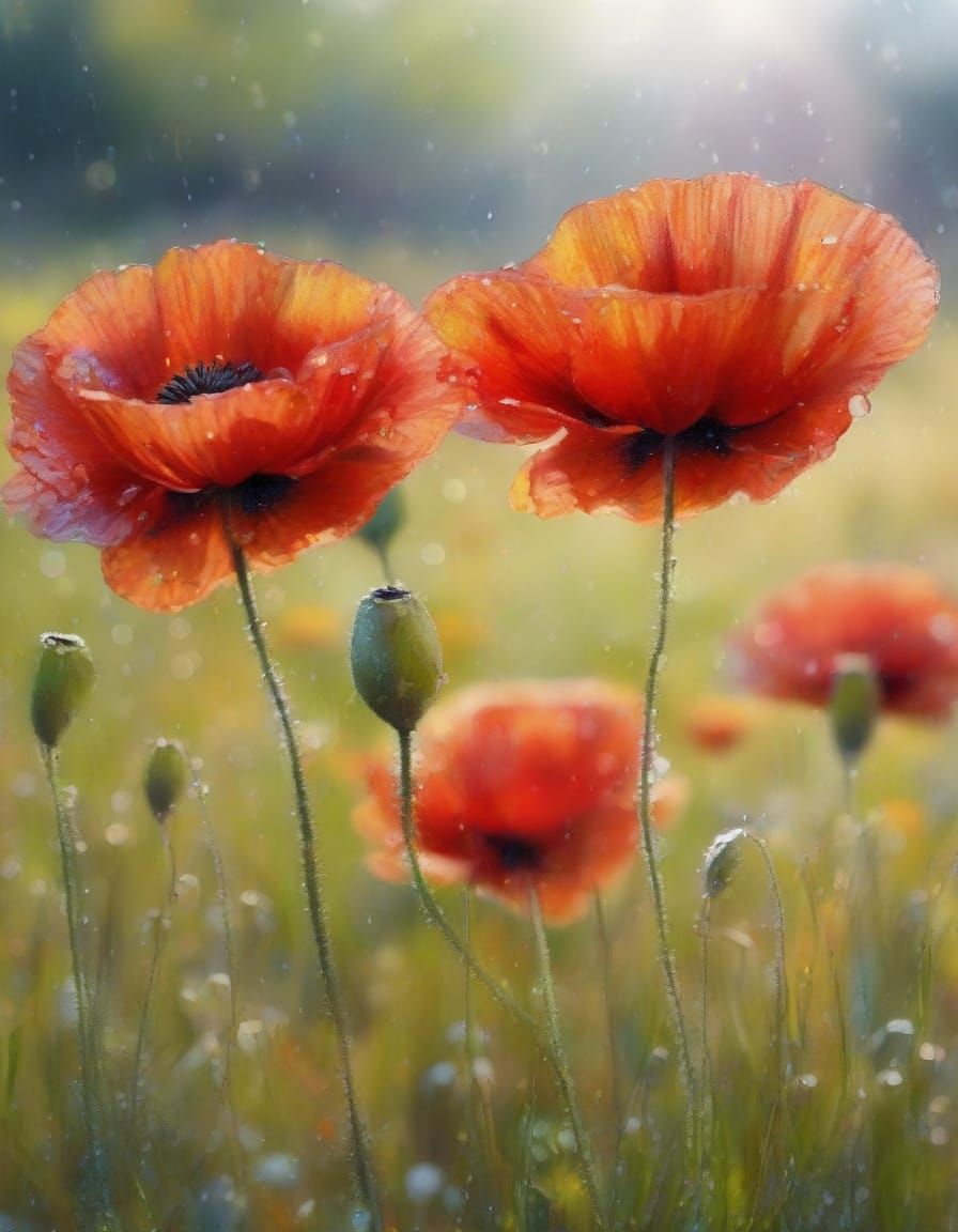 Poppies in Meadow with Rainbow, Wet Brush Watercolour Style