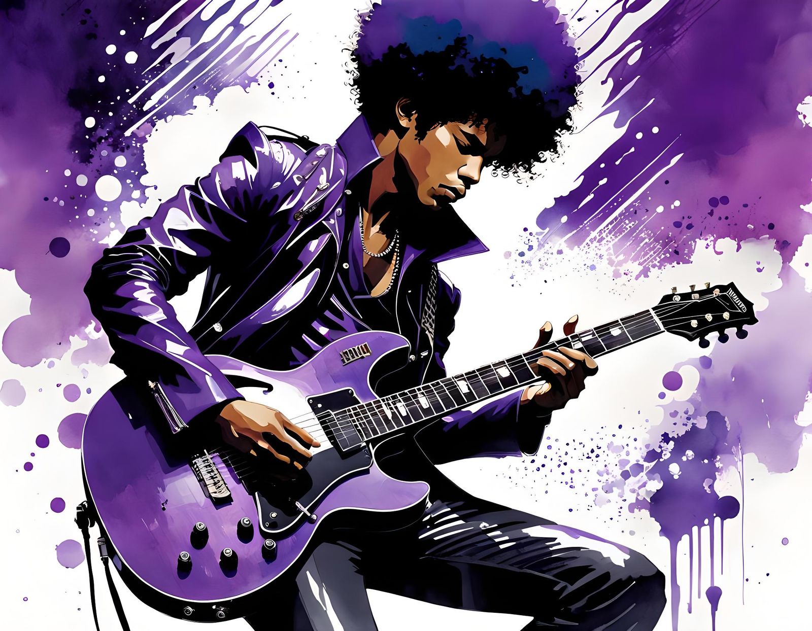 Prince Guitar Portrait in Manga Watercolor Style
