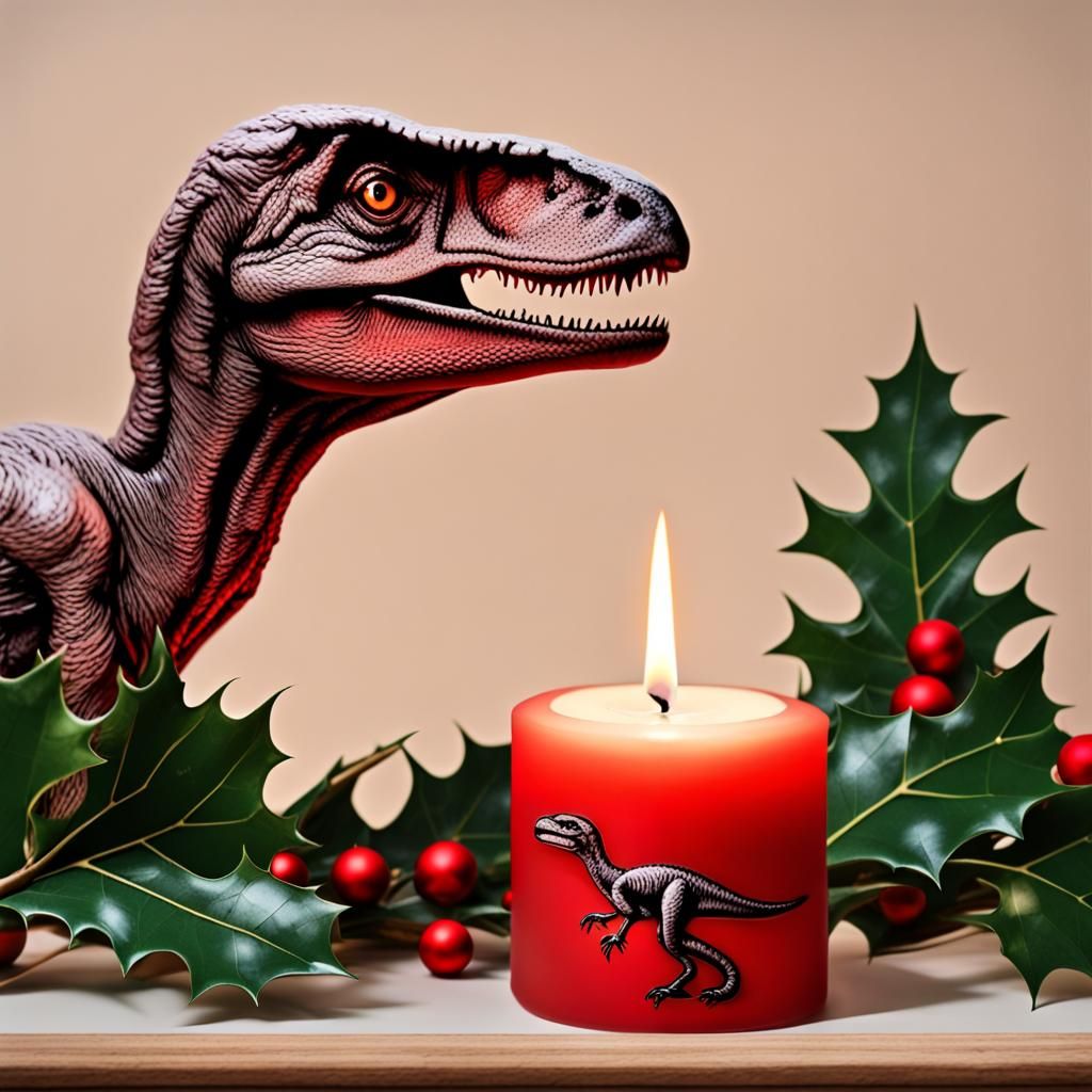 Dinosaur Christmas Candle with Santa Hat Scratching