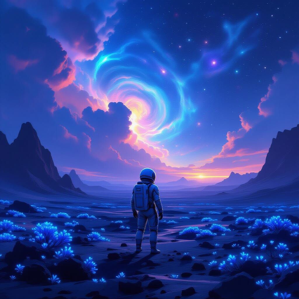 Explorer on Alien Planet Gazing at Cosmic Sky