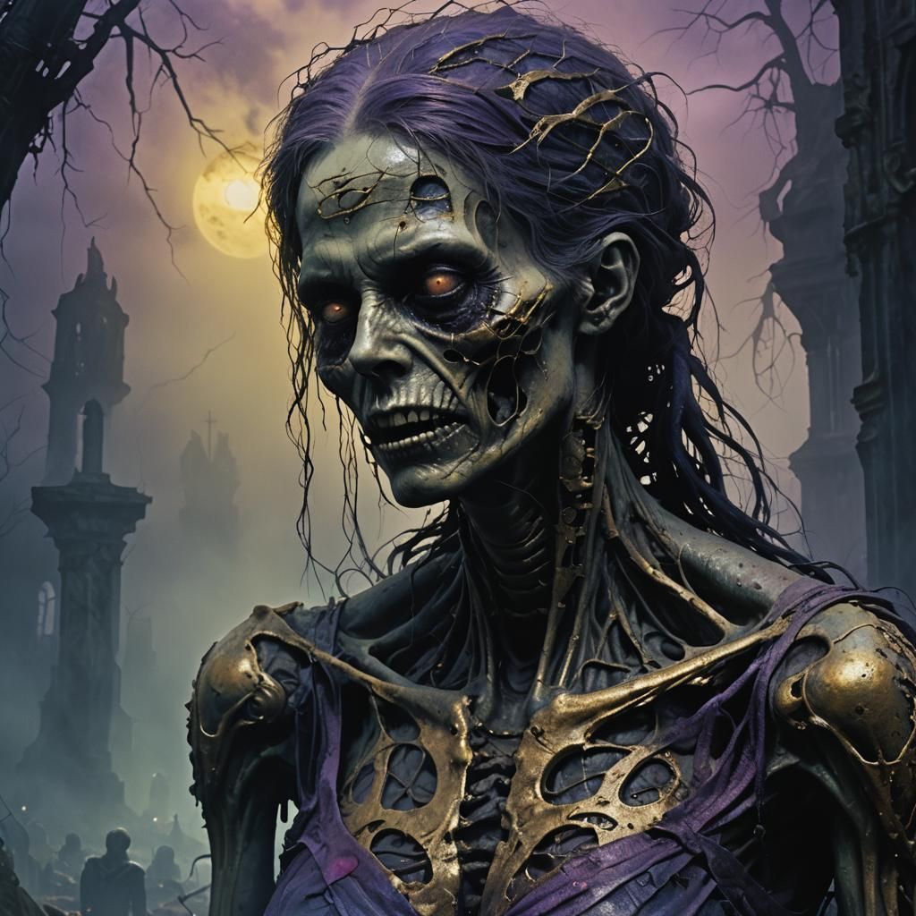 Eerie Zombie Feast in Misty Graveyard: Dark Fantasy Art