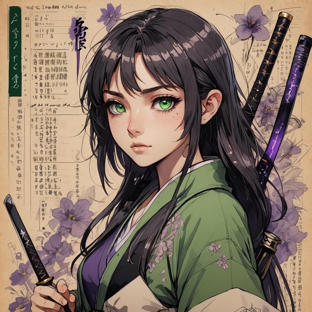 Girl with Katana and Character Sheet in Manga Style