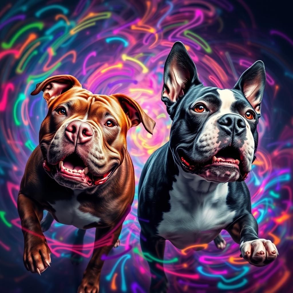 Energetic Pitbull and Amstaff in Surreal Digital Art