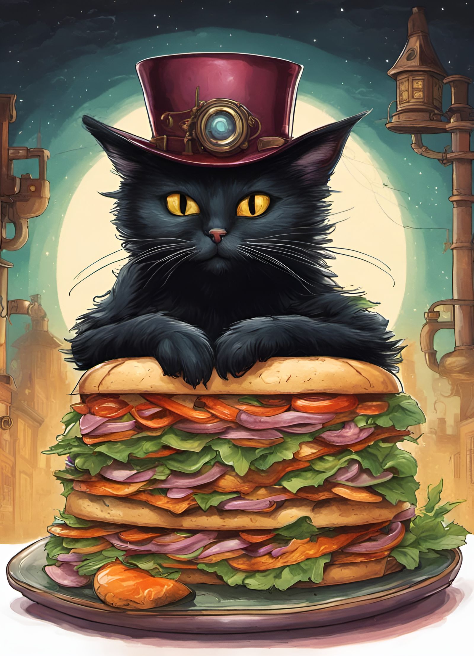 Steampunk Black Cat Grinning in Kitchen at Night