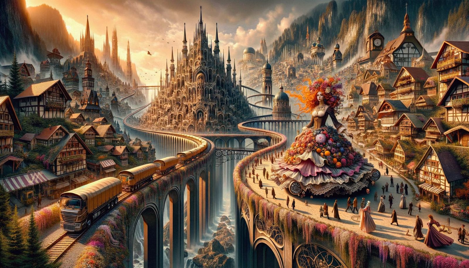 Surreal Gothic City with Steampunk Bridges and Victorian Cro...