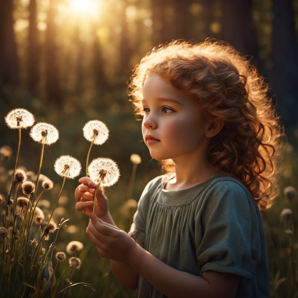 Whimsical Girl Holds Dandelion in Golden Light
