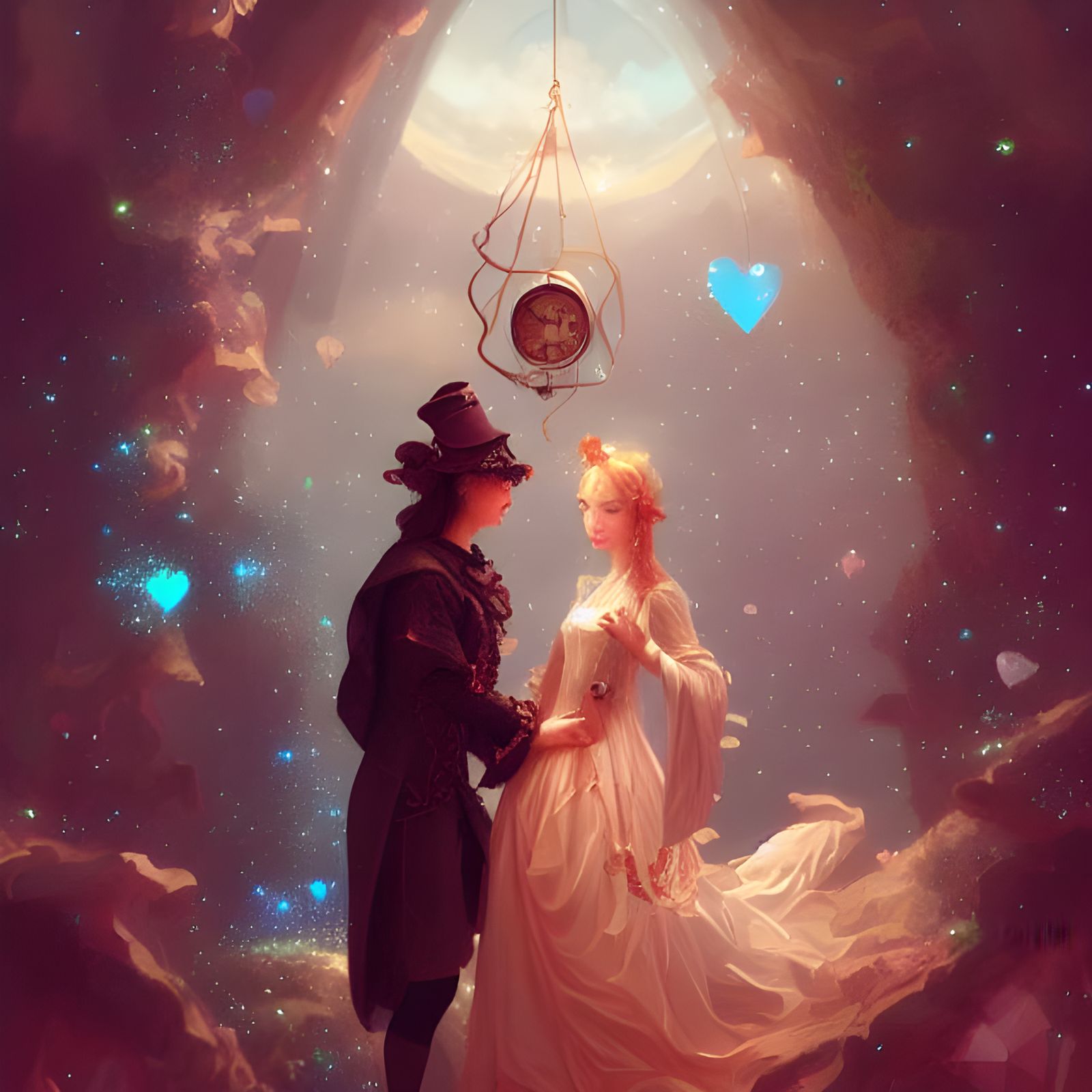 Clockpunk Couple Surrounded by Luminous Crystals
