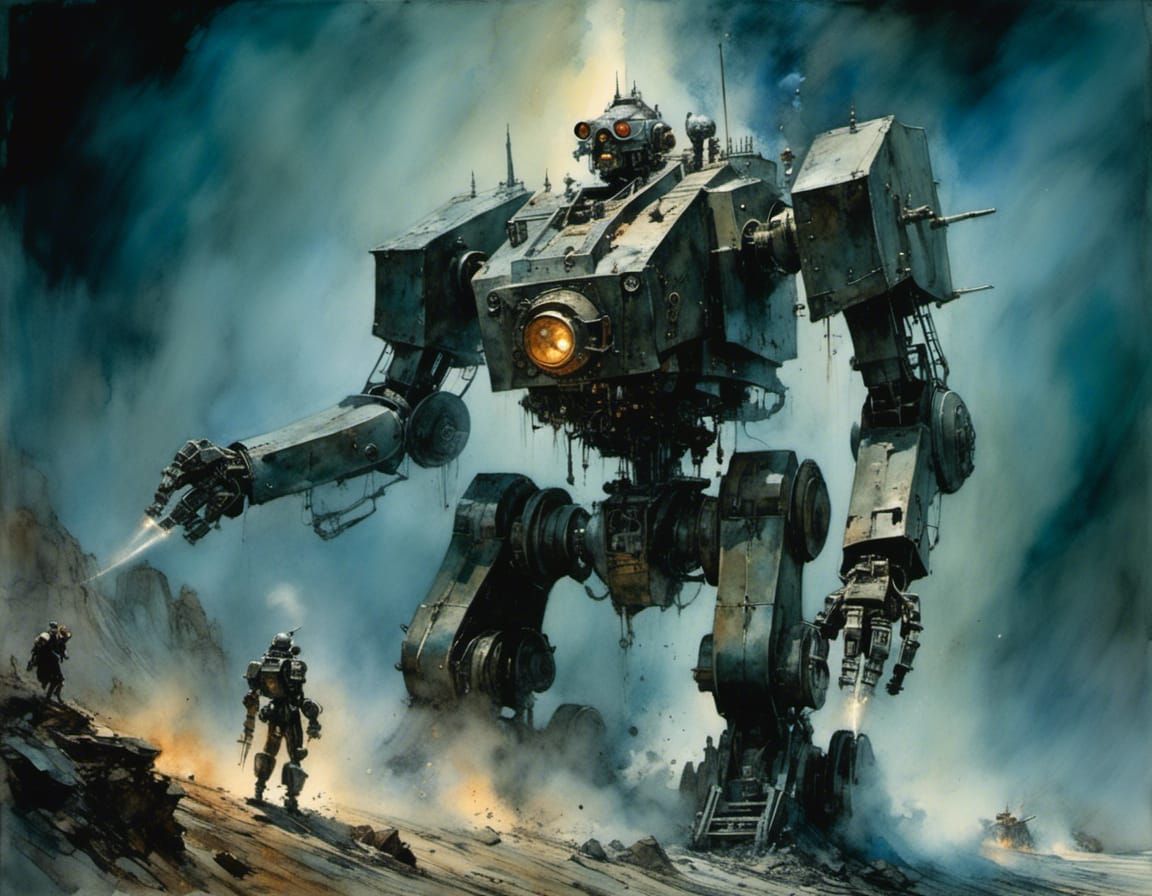 Volossal Mecha Portrait in Dark Watercolor Style