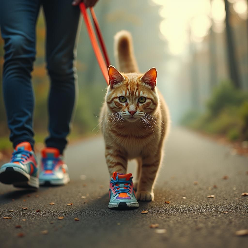 Cat Walking in Multicolored Shoes: Cinematic Golden Hour