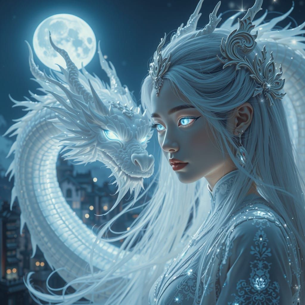 Ethereal Asian Goddess with Dragon in Vibrant Cityscape