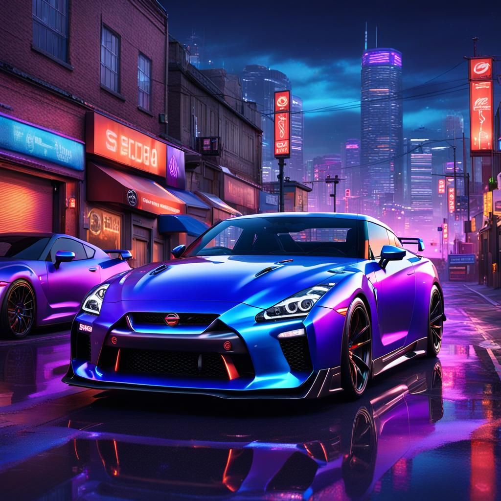 Nissan GT-R and Toyota Supra in Neon Cityscape