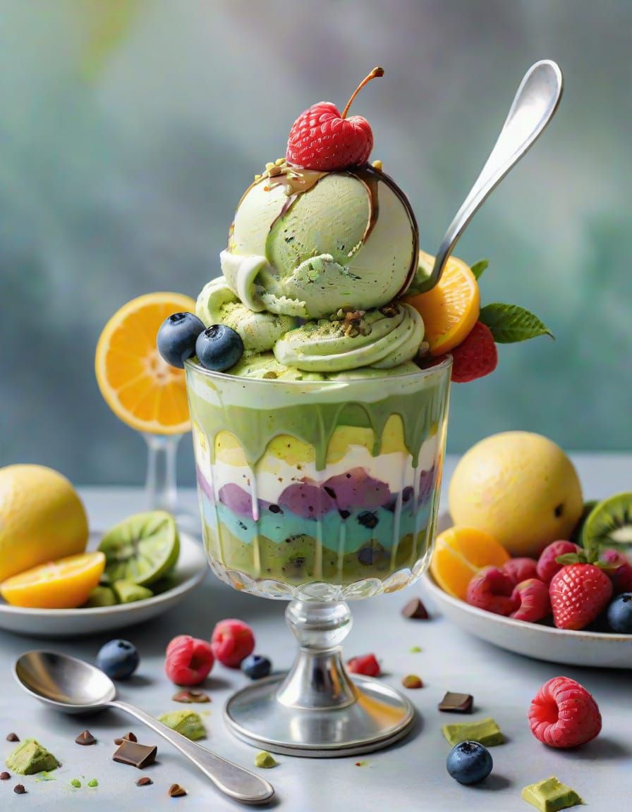 Matcha Parfait with Fruit in Watercolor Splash Art