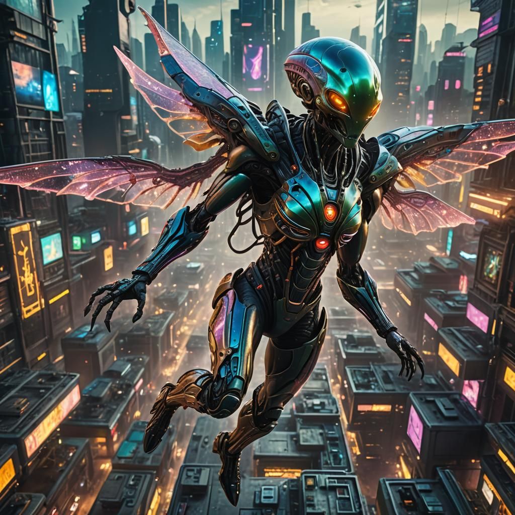 Alien Fairy in Cyberpunk World: Detailed Digital Art