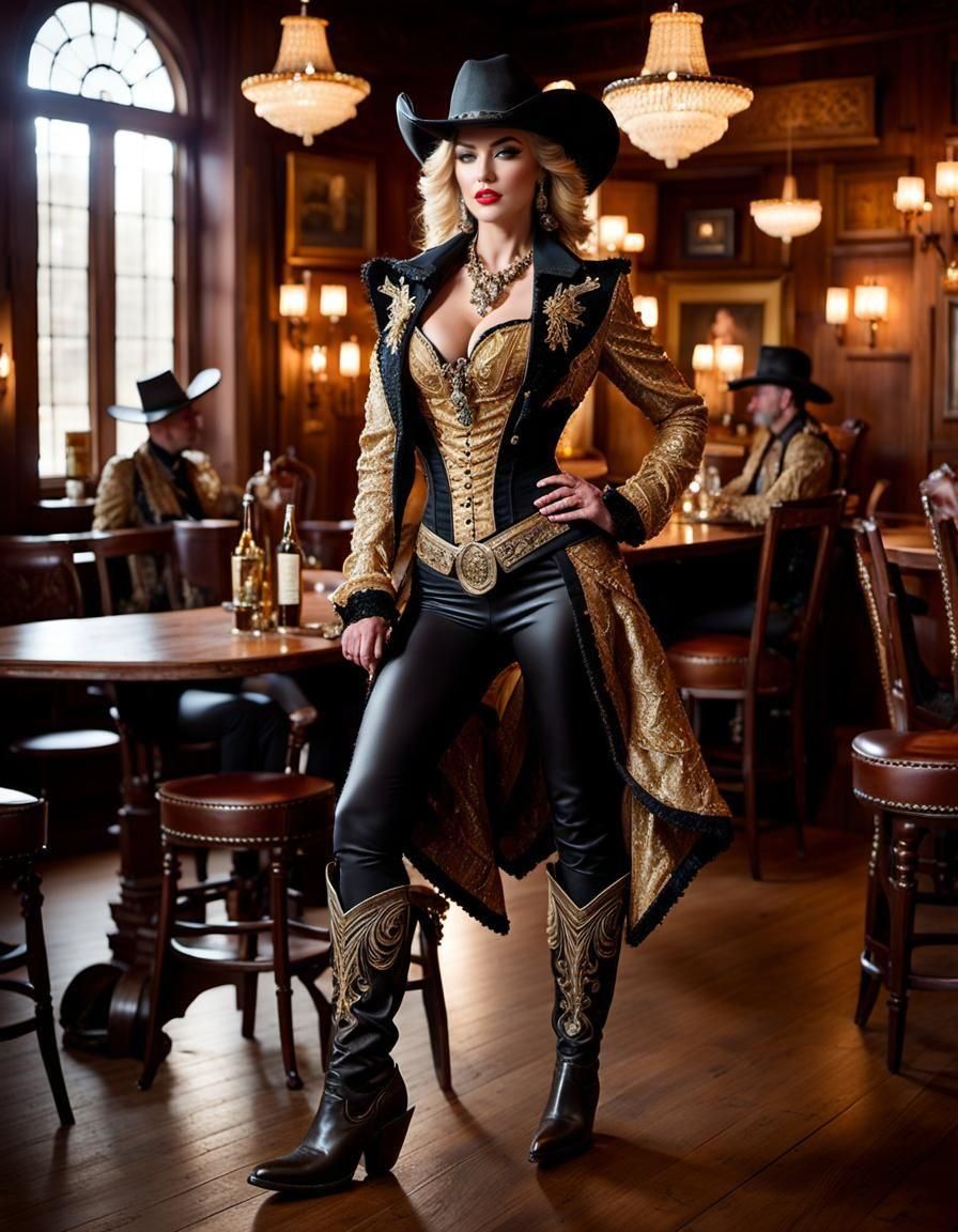 Ornate Cowgirl Dancing in Saloon, Hyper-Realistic Photograph...
