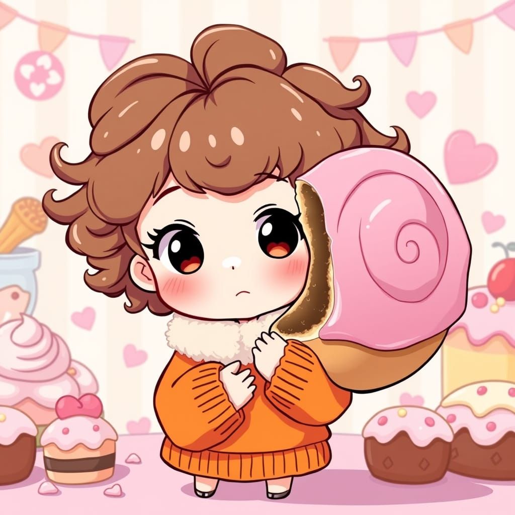 Whimsical Chibi Girl Adores Giant Cinnamon Roll
