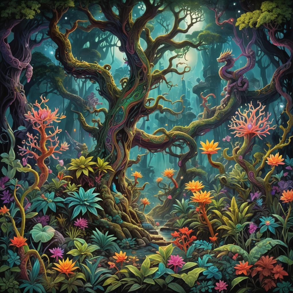 Mystical Xibalba: Iridescent Plants and Maya Spirits