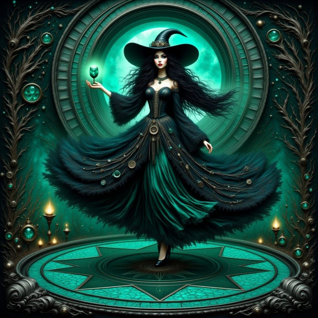 Steampunk Witch Dances Under Moonlight