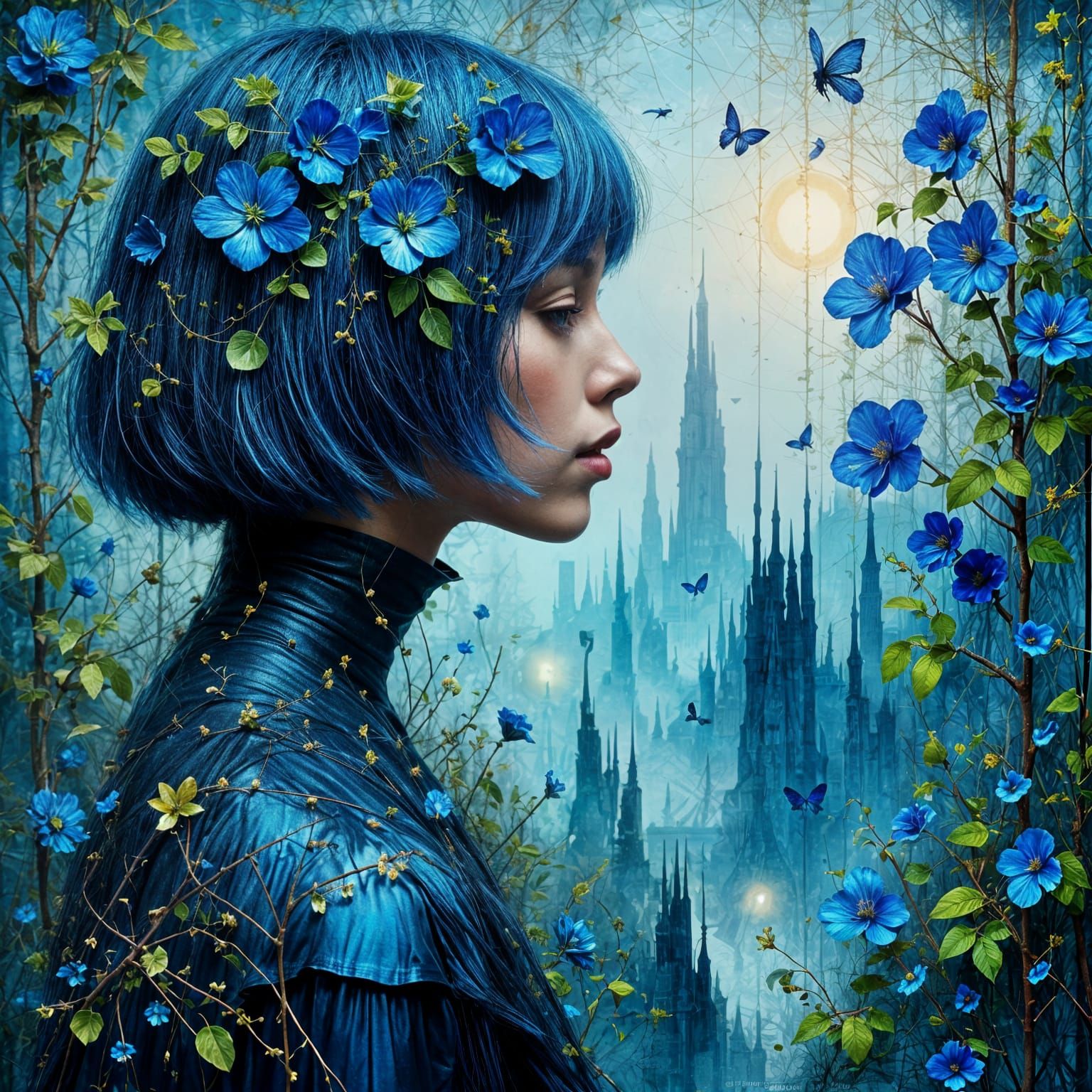 Blue Dreamscape: Model in Musical Crystal Garden