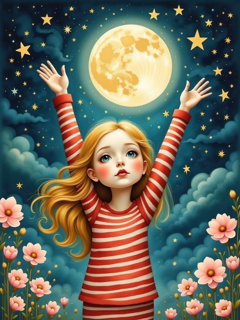 Girl Reaching for Moon in Pop Surreal Watercolor