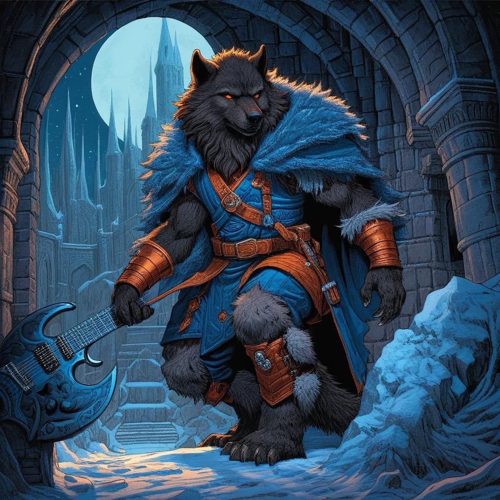 Dark Fantasy Werewolf with Guitar in Pen and Ink Style