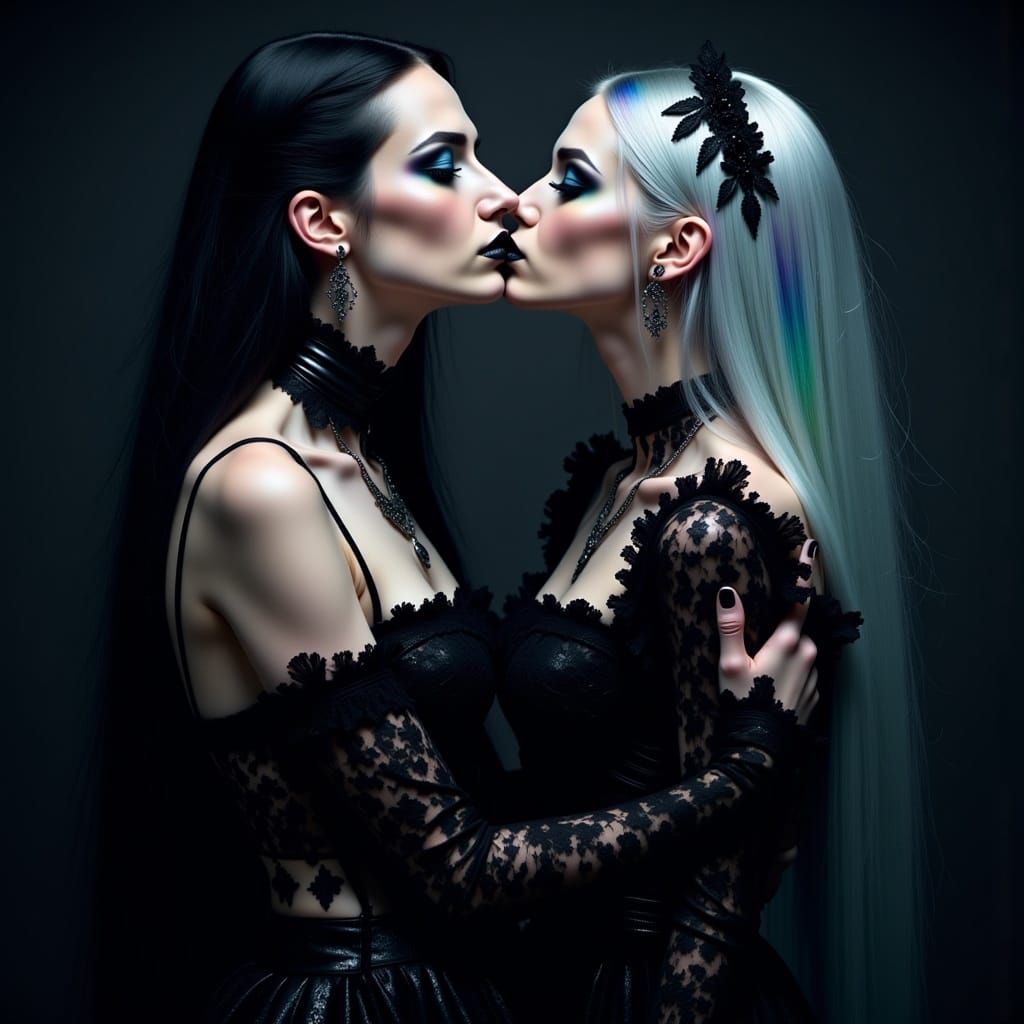 Gothic Women Embrace in Hyperreal Darkness