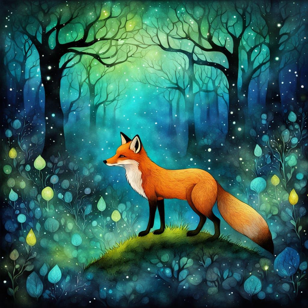 Fox in Forest: Dreamy Alcohol Ink Fantasy Art