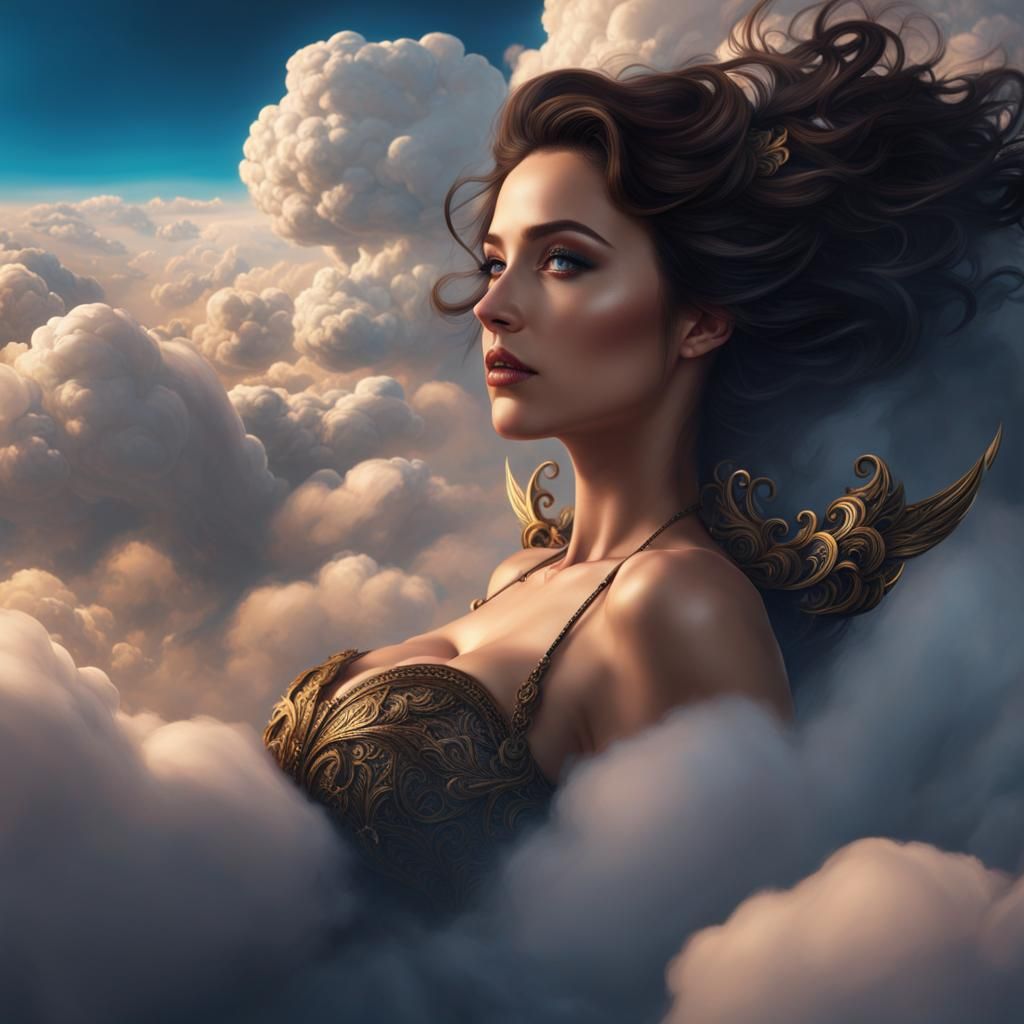 Brunette Girl Lying on Clouds: Fantasy Concept Art