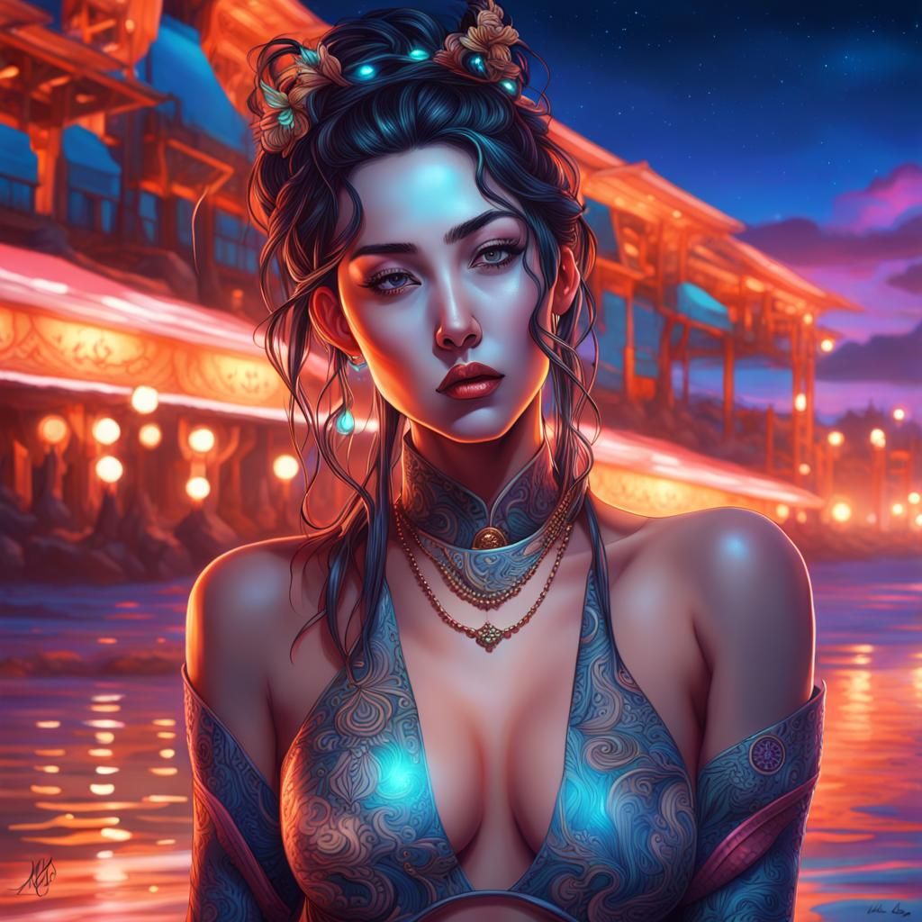 Night-Lit Spanish Beach: Fantasy Cyberpunk Geisha