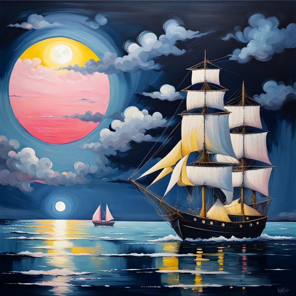 Harvest Moon Sailing Ship: Moody Lofi Painting