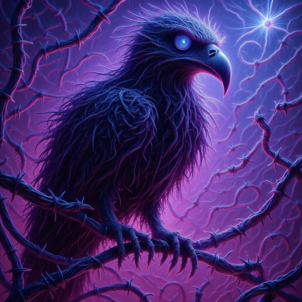 Sinister Vulture on Barbed Wire in Dark Voodoo Style