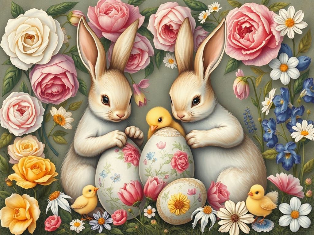 Easter Bunnies Painting Floral Eggs in Renaissance Style
