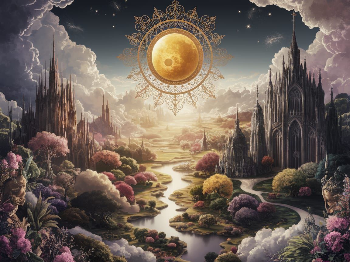 Golden Sun Amidst Celestial Wonders in a Baroque Fantasy Lan...