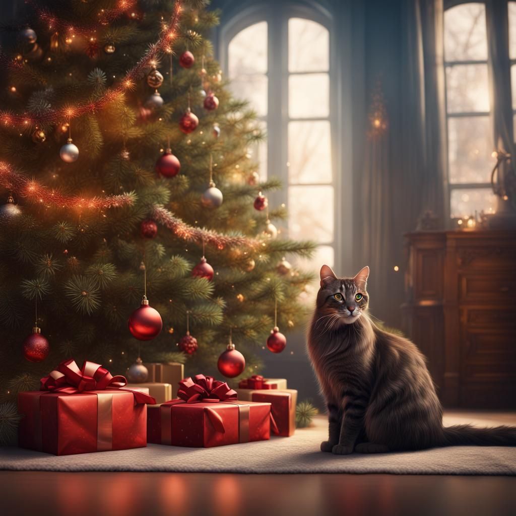 Cat and Christmas Tree in Detailed Matte Painting