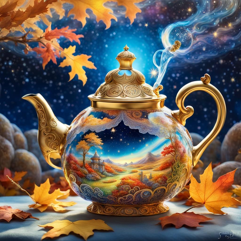 Crystal Teapot with Autumn Landscape in Dreamlike CGI